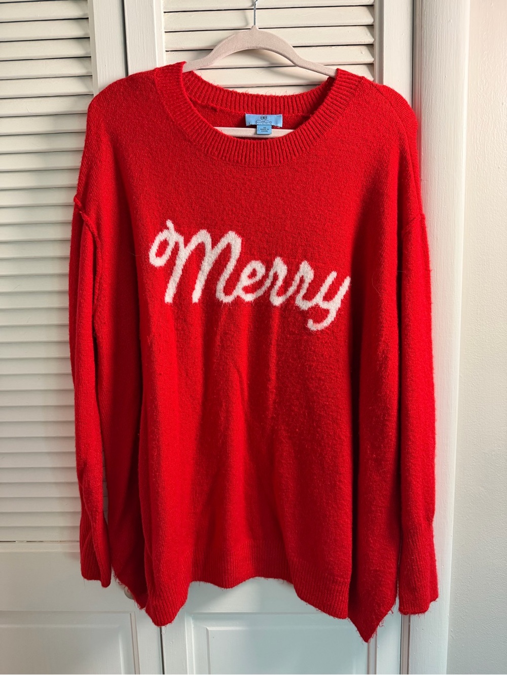 CeCe Red Crewneck Sweater with White 'Merry' Script